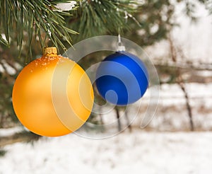 Golden and blue Christmas tree ball on a snow-covered tree branch