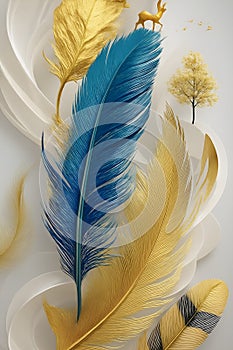 Golden and blue feathers with deer and tree, 3D art, abstract nature.