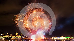 Golden/Blue fireworks in front of Quebec City