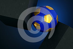 Golden and Blue Football Soccer Ball between 2 Solid Concrete Blocks - 3D Illustration