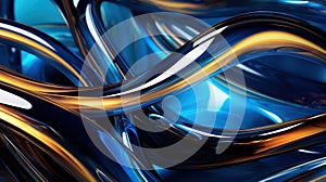 Golden and blue smooth liquid waves abstract background. Generative AI