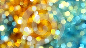 Golden blurred bokeh background, holiday, Christmas, party, bright, defocus, yellow, blue, white, gold, lights, glitter photo