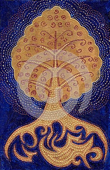 Golden Bodhi tree symbol on dark blue background. Abstract Luxury style illustration.