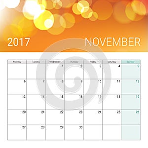 Golden bokeh november 2017 calendar