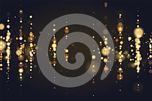 Golden bokeh sparkle glitter lights luxury background. Abstract defocused circular party magic christmas background