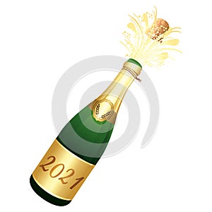 Golden bottle of Champaign with 2021 label. Vector icon.