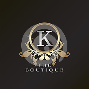 Golden Boutique K Logo template in circle frame vector design for brand identity like Restaurant, Royalty, Boutique, Cafe, Hotel,