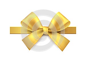 Golden bow. Gold gift decoration element, realistic satin or silk luxury ribbon, yellow tape for presents and boxes
