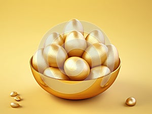 Golden bowl filled with shiny gold eggs is sitting on yellow background. The eggs are arranged in bowl, and some of