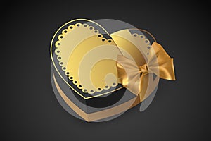 Golden box in heart shape. Chocolate for Valentine`s Day. Birthday gift with love. Luxury gift. Vector illustration.