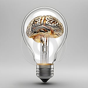 Golden Brain Light Bulb 3D Art Animated Background, Gold Idea Illustration Website Graphic Design - ai generated