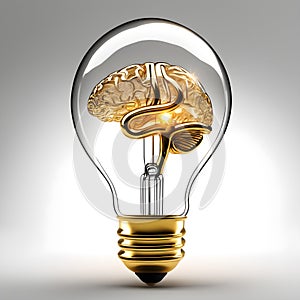 Golden Brain Light Bulb 3D Art Animated Background, Gold Idea Illustration Website Graphic Design - ai generated