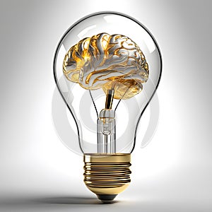 Golden Brain Light Bulb 3D Art Animated Background, Gold Idea Illustration Website Graphic Design - ai generated