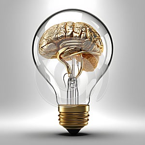 Golden Brain Light Bulb 3D Art Animated Background, Gold Idea Illustration Website Graphic Design - ai generated