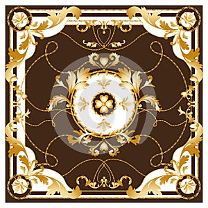 Golden Brawn White Baroque Scarf design with Chains. Versace Style Pattern Ready for Fashion Textile. Scarf Design for Silk Print