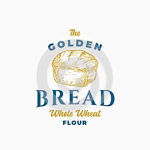 Golden Bread Brick Abstract Sign, Symbol or Logo Template. Hand Drawn Loaf and Typography. Local Bakery Vector Emblem