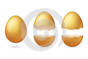 Golden broken eggs cracked open easter eggshell design 3d realistic icon isolated vector illustration
