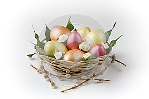 Golden, bronze and pink Easter eggs with pussy willow in basket.