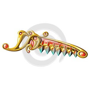 Golden brooch in the form of vintage hacksaw or handsaw isolated on white background. Vector cartoon close-up