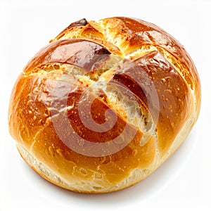Golden Brown Baked Bread Roll on White Background