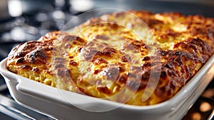 Golden-brown baked lasagna in a white casserole dish.