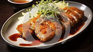 Golden brown chicken katsu drizzled with tonkatsu sauce, accompanied by a light shredded cabbage salad and rice.