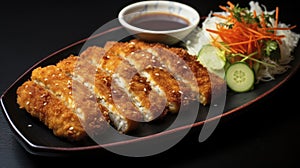 Golden brown chicken katsu drizzled with tonkatsu sauce, accompanied by a light shredded cabbage salad and rice.