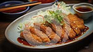 Golden brown chicken katsu drizzled with tonkatsu sauce, accompanied by a light shredded cabbage salad and rice.