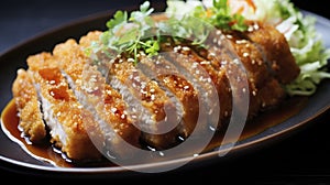 Golden brown chicken katsu drizzled with tonkatsu sauce, accompanied by a light shredded cabbage salad and rice.