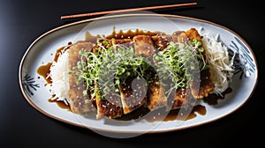 Golden brown chicken katsu drizzled with tonkatsu sauce, accompanied by a light shredded cabbage salad and rice.