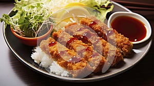 Golden brown chicken katsu drizzled with tonkatsu sauce, accompanied by a light shredded cabbage salad and rice.