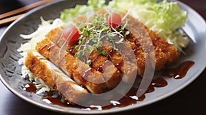 Golden brown chicken katsu drizzled with tonkatsu sauce, accompanied by a light shredded cabbage salad and rice.