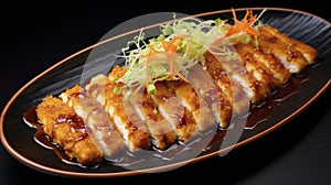 Golden brown chicken katsu drizzled with tonkatsu sauce, accompanied by a light shredded cabbage salad and rice.