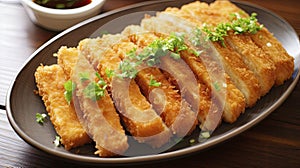 Golden brown chicken katsu drizzled with tonkatsu sauce, accompanied by a light shredded cabbage salad and rice.