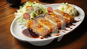 Golden brown chicken katsu drizzled with tonkatsu sauce, accompanied by a light shredded cabbage salad and rice.