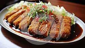 Golden brown chicken katsu drizzled with tonkatsu sauce, accompanied by a light shredded cabbage salad and rice.