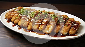 Golden brown chicken katsu drizzled with tonkatsu sauce, accompanied by a light shredded cabbage salad and rice.