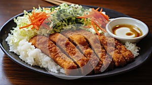 Golden brown chicken katsu drizzled with tonkatsu sauce, accompanied by a light shredded cabbage salad and rice.