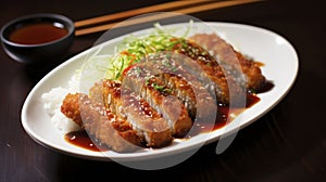 Golden brown chicken katsu drizzled with tonkatsu sauce, accompanied by a light shredded cabbage salad and rice.