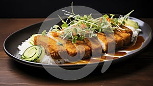 Golden brown chicken katsu drizzled with tonkatsu sauce, accompanied by a light shredded cabbage salad and rice.