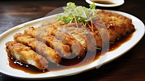 Golden brown chicken katsu drizzled with tonkatsu sauce, accompanied by a light shredded cabbage salad and rice.