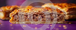 Golden Brown Flaky Meat Pie on Purple Background Homemade Comfort Food, Savory Pastry Close Up