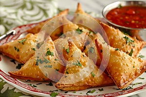Golden Brown Samosas on a Plate with Spicy Red Dipping Sauce Garnished with Fresh Parsley
