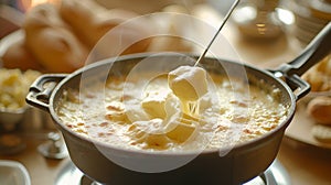 Golden, bubbly cheese fondue being enjoyed, the perfect stretch for a convivial meal among friends