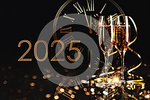 A golden bucket with champagne, two glasses and a golden serpentine against the background of a clock face.