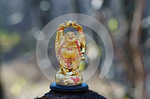 Golden Buddha figurine on a colored background
