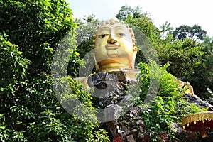 Golden Buddha image, sacred belief in Thai temple located on high mountain, forest and sky background.