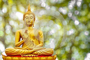 Golden Buddha image under the Bodhi leaf, natural background