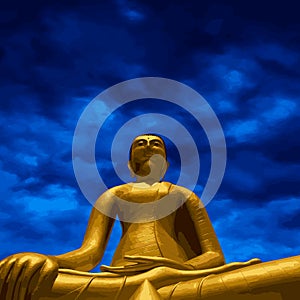Golden Buddha meditating, The background is a blue sky at dusk.