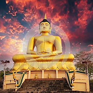 Golden Buddha overlooking Pakse at Wat Phousalao. Laos